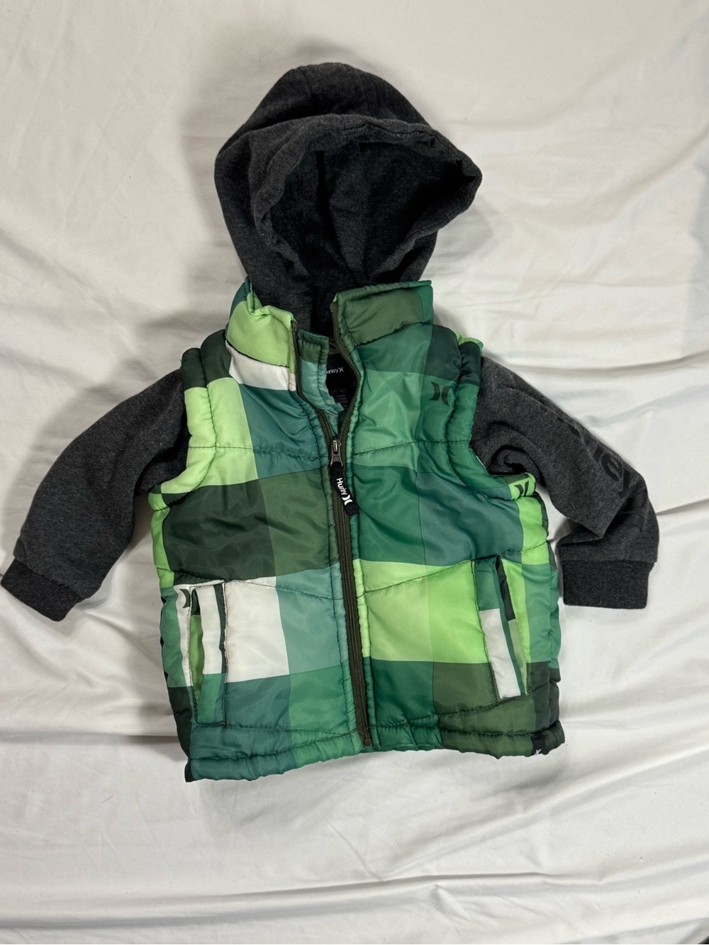 Hurley Green Patchwork Hooded Puffer Vest for Kids -18M 2 in One